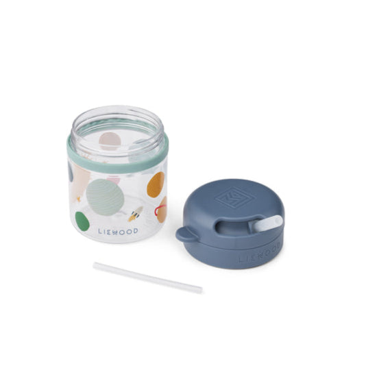 Small cylindrical container with a blue lid on a white background